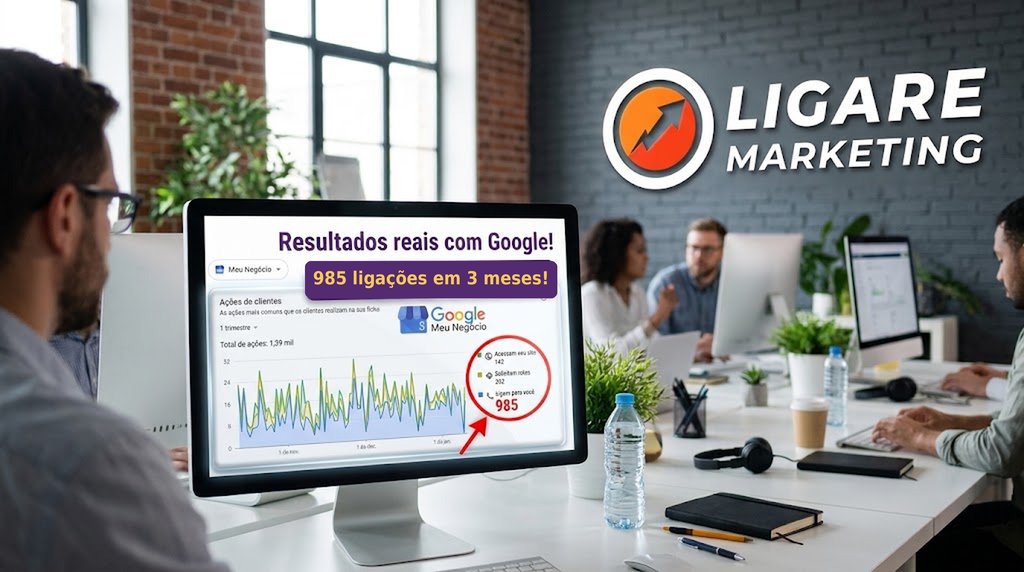Painel do Perfil da Empresa no Google de um hospital veterinário mostrando 985 ligações, 262 solicitações de rota e 142 acessos ao site em um trimestre