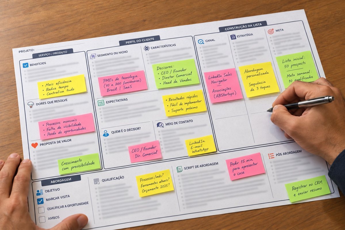 Canvas Comercial impresso, preenchido com post-its sobre perfil do cliente, lista de prospecção e abordagem