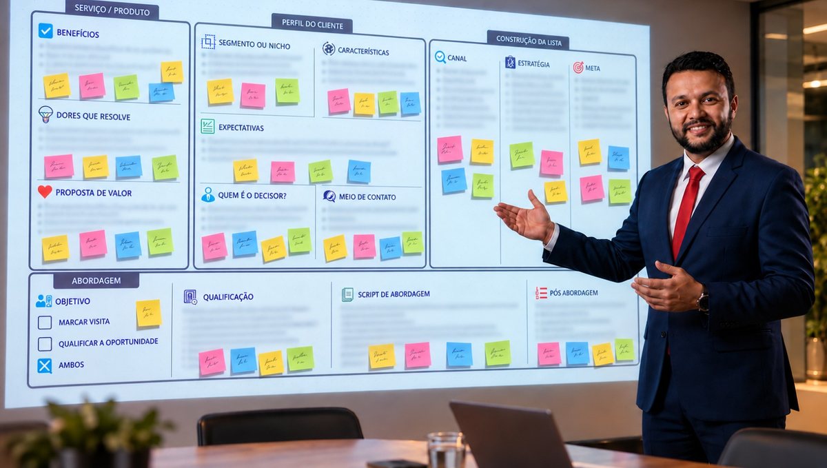 Williams Barros, da Ligare, apresenta um Canvas Comercial com post-its em uma sala de reunião